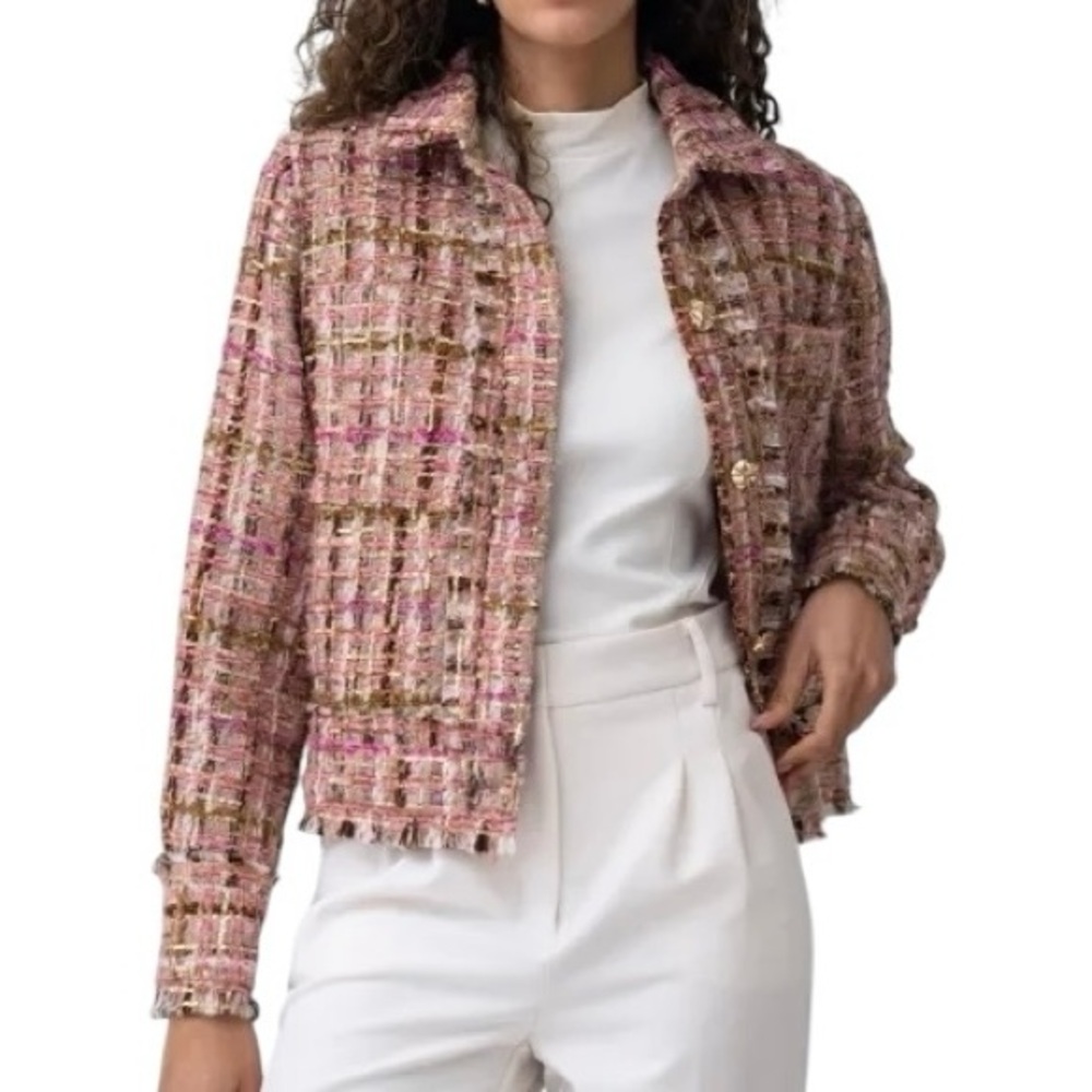 Adrienne Landau ONYX Crystal Tweed Jacket Blazer Pink Gold Sequin Fringe Medium - Picture 2 of 16